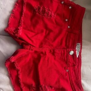 Women's Red Frayed Denim Shorts
